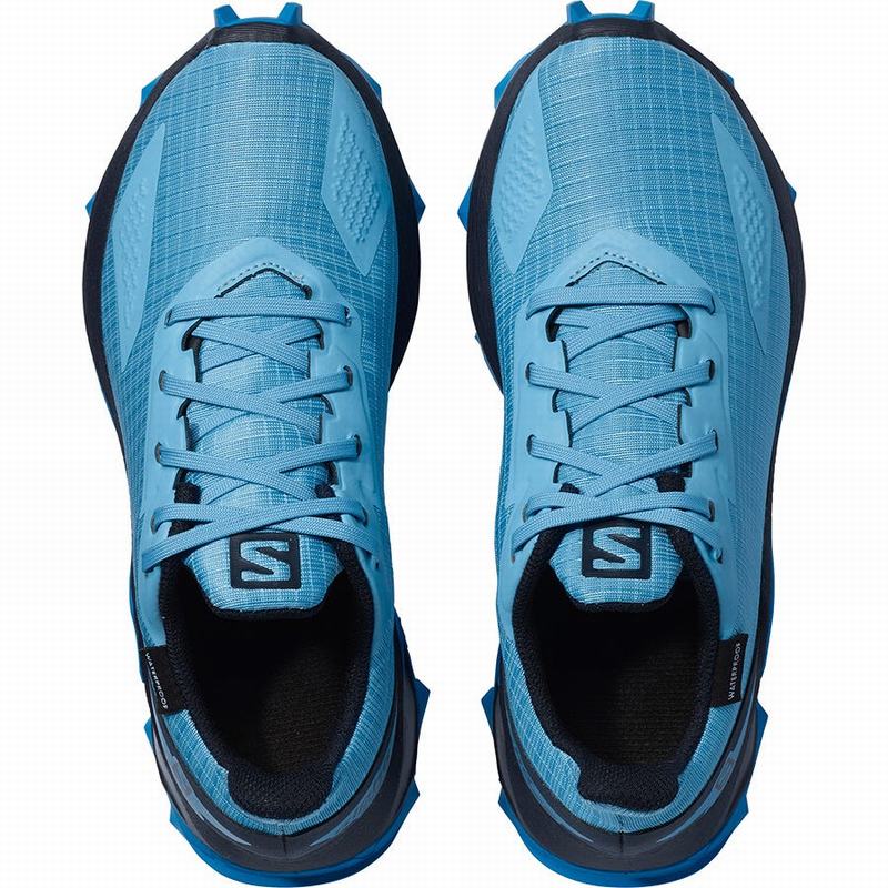 Kids' Salomon ALPHACROSS BLAST CLIMASALOMON WATERPROOF Trail Running Shoes Blue / Navy | US-FIWX150