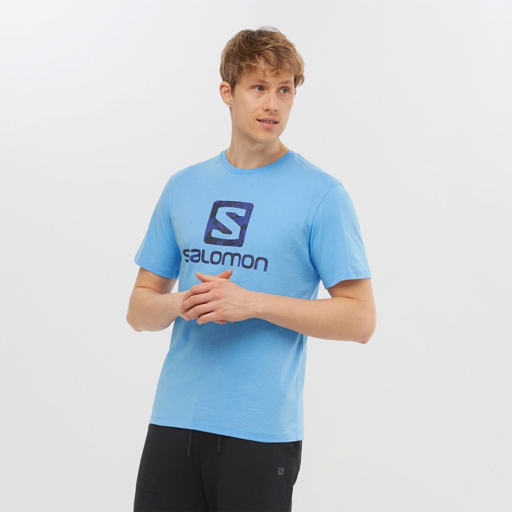 Men\'s Salomon OUTLIFE LOGO Short Sleeve T Shirts Blue | US-YNLR974