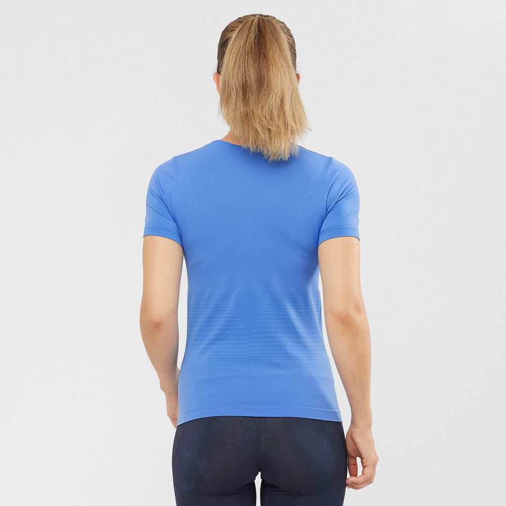 Women's Salomon ESSENTIAL MOVE ON SEAMLESS T Shirts Blue | US-NOMU251