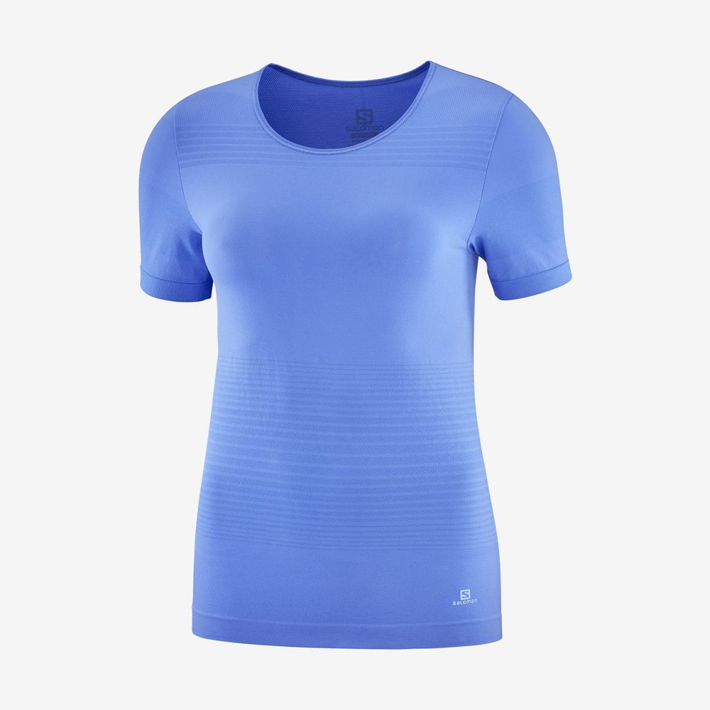 Women's Salomon ESSENTIAL MOVE ON SEAMLESS T Shirts Blue | US-NOMU251