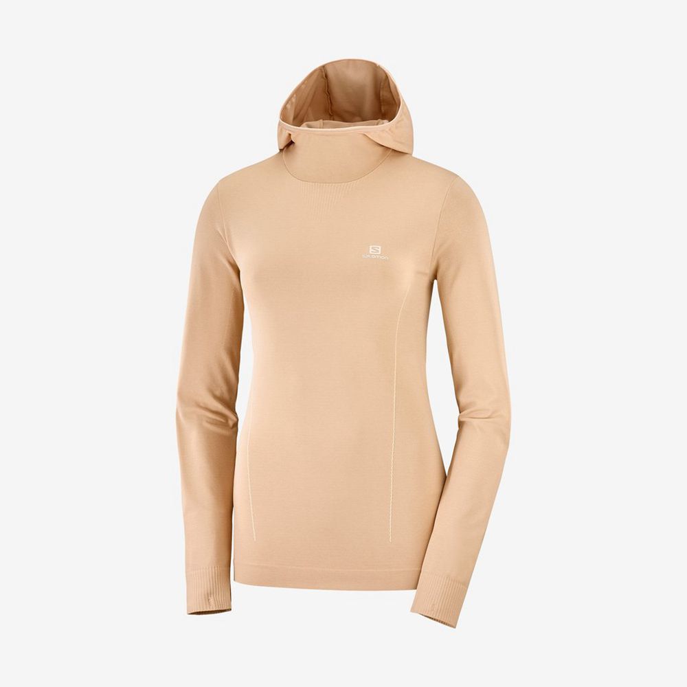 Women's Salomon ESSENTIAL SEAMLESS HOODIE Midlayers Beige | US-GNQE364