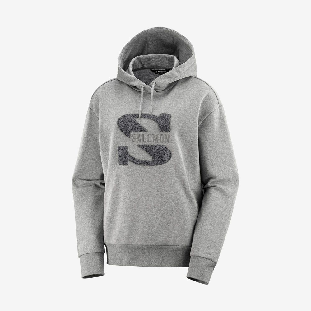 Women's Salomon OUTLIFE LOGO SUMMER Hooded Pullover Mid Grey | US-WULD215