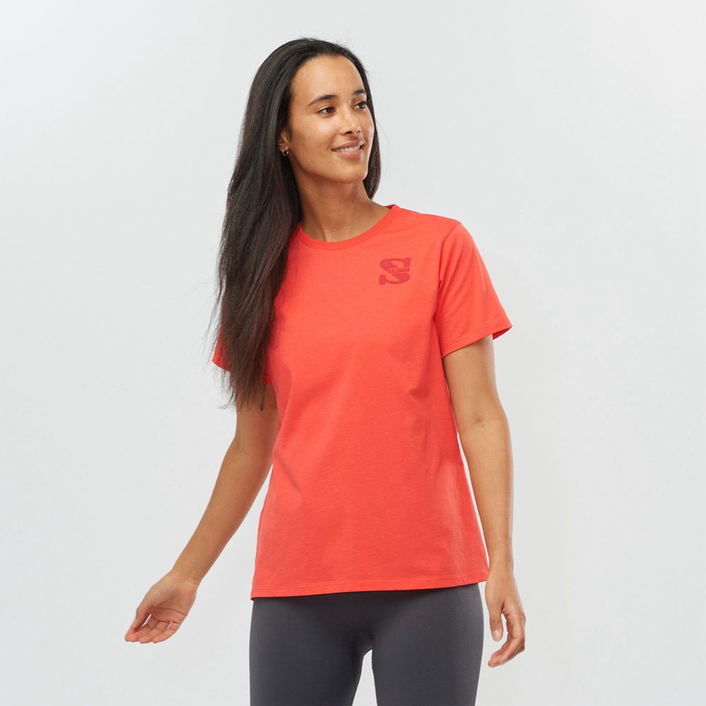 Women\'s Salomon OUTLIFE SMALL LOGO SS W Short Sleeve T Shirts Coral | US-KDFU835