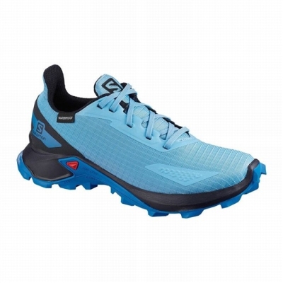 Kids' Salomon ALPHACROSS BLAST CLIMASALOMON WATERPROOF Trail Running Shoes Blue / Navy | US-FIWX150