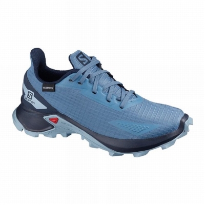 Kids' Salomon ALPHACROSS BLAST CLIMASALOMON WATERPROOF Trail Running Shoes Blue / Navy | US-PGCY746