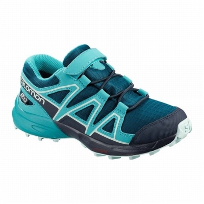 Kids' Salomon SPEEDCROSS CLIMASALOMON WATERPROOF Trail Running Shoes Blue | US-UWOP367