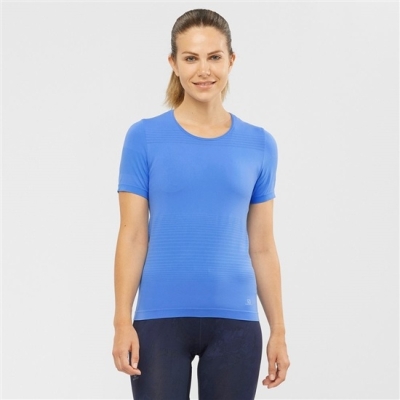 Women's Salomon ESSENTIAL MOVE ON SEAMLESS T Shirts Blue | US-NOMU251