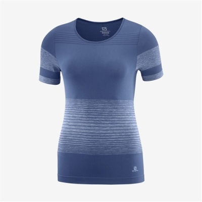 Women's Salomon ESSENTIAL MOVE ON SEAMLESS T Shirts Dark Denim | US-PKQG430