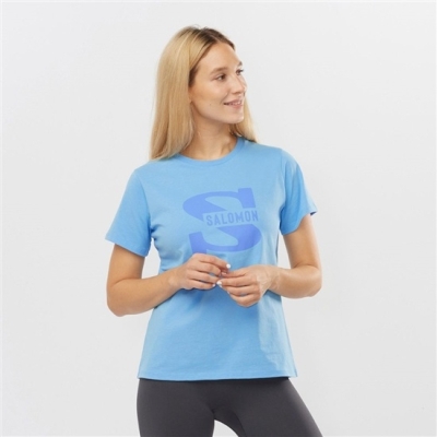 Women's Salomon OUTLIFE BIG LOGO Short Sleeve T Shirts Blue | US-MCXF872